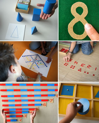 Abbildungen der unterschiedlichen Montessori- und mathematischen Fördermaterialien
